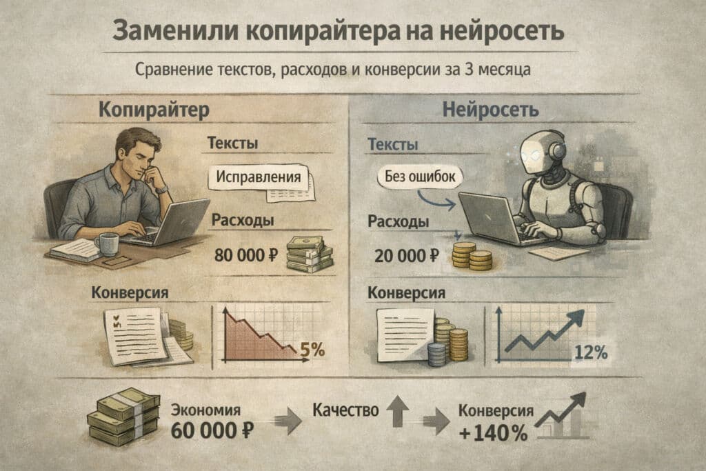 Заменили копирайтера на нейросеть: сравнение текстов, расходов и конверсии за 3 месяца